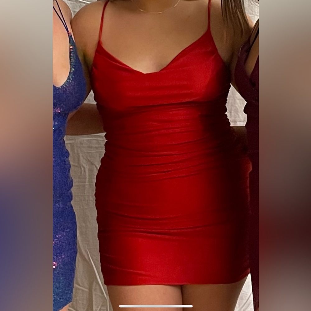 Short, red, mini dress. Worn once, size 10. Comfortable fabric